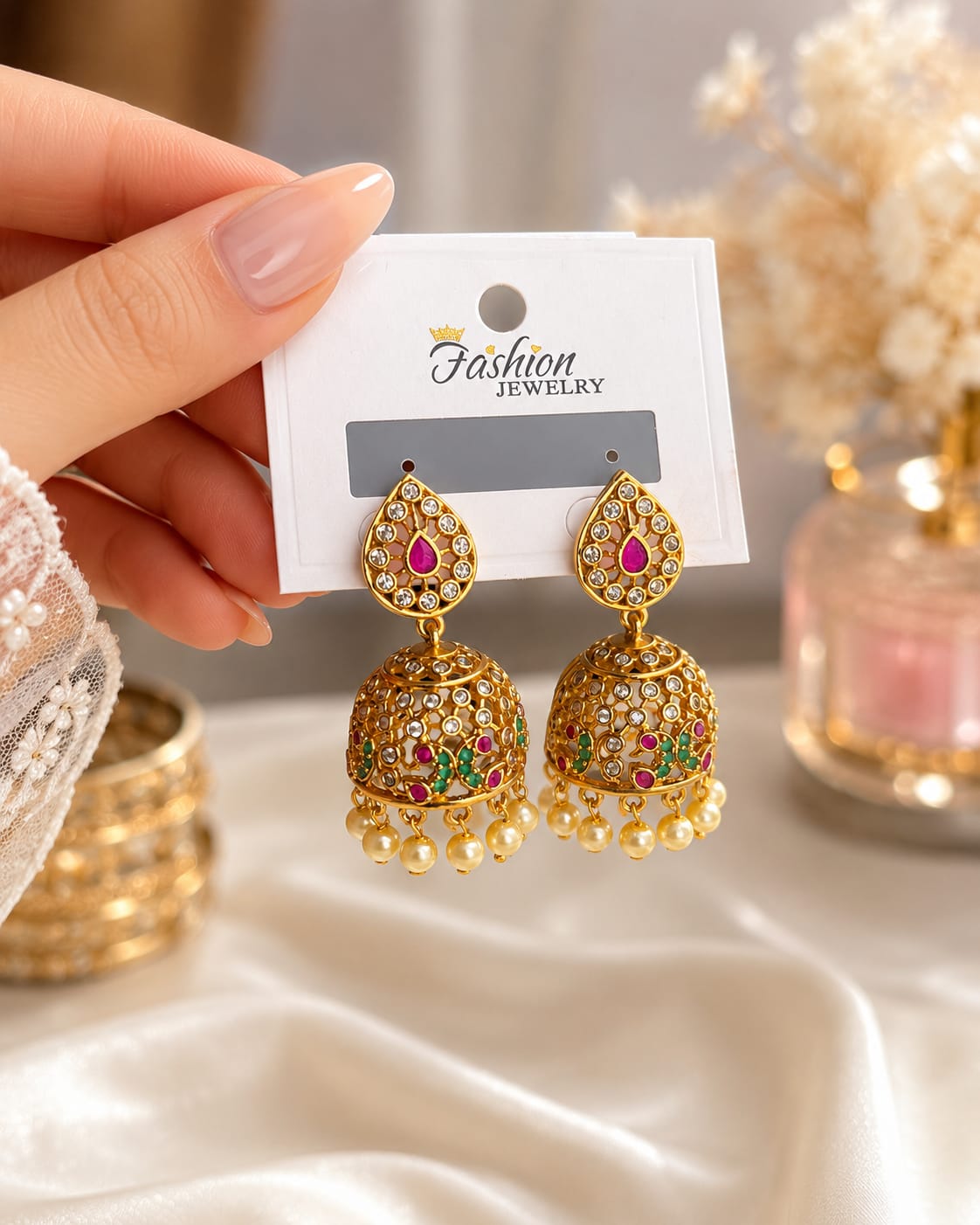 Premium Gold-Plated Traditional South Indian Jhumkas with Ruby & Emerald Accents