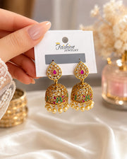 Premium Gold-Plated Traditional South Indian Jhumkas with Ruby & Emerald Accents
